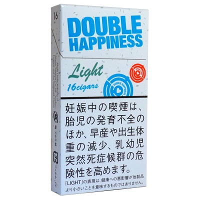 Double Happiness 16 Light参考包装:白盒上为蓝色品牌字标、Light及16 cigars,配蓝红圆形线纹