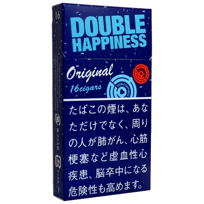 Double Happiness 16 Original参考包装:深蓝盒上大写DOUBLE HAPPINESS,Original与16 cigars并列,配圆形线纹