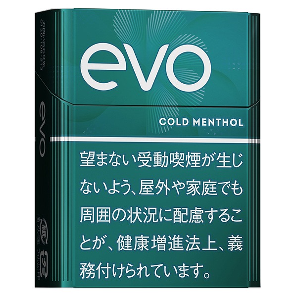 EVO Cold Menthol for Ploom参考包装:青绿色竖盒有白色evo字标及放射点线,COLD MENTHOL可读,下部青绿警示区