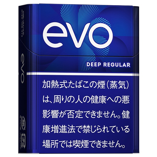 EVO Deep Regular for Ploom参考包装:深蓝竖盒上白色evo字标后有蓝色射线,DEEP REGULAR位于中部