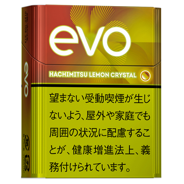 EVO Hachimitsu Lemon Crystal for Ploom参考包装:黄棕竖盒中白色evo字样后有射线,HACHIMITSU LEMON CRYSTAL和右侧圆点可读