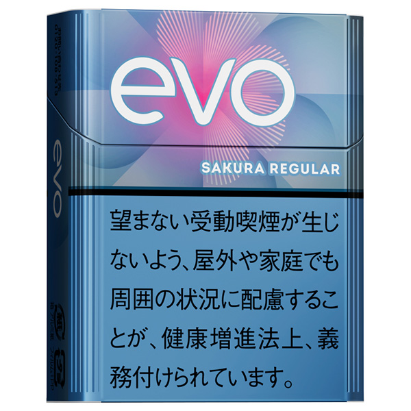 EVO Sakura Regular for Ploom参考包装:浅蓝色竖盒上粉蓝射线在evo字标后展开,SAKURA REGULAR位于中部