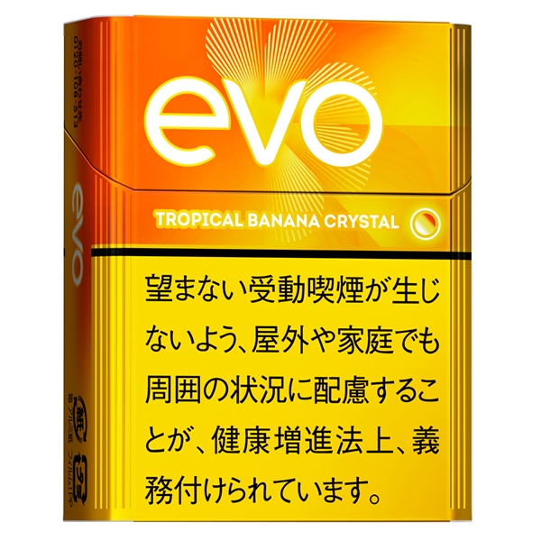 EVO Tropical Banana Crystal for Ploom参考包装:橙黄色竖盒上白色evo字标醒目,TROPICAL BANANA CRYSTAL与圆点可读
