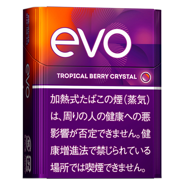 EVO Tropical Berry Crystal for Ploom参考包装:橙紫渐变竖盒有放射点线,TROPICAL BERRY CRYSTAL及圆点位于中部