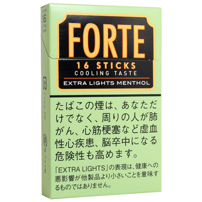 Forte 16 Extra Lights Menthol参考包装:浅绿色盒面,黑色标签下列EXTRA LIGHTS MENTHOL和16 STICKS