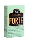 Forte Extra Lights Menthol参考包装:浅绿小盒,黑色标签上方呈拱形,顶部有20