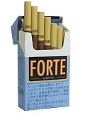 Forte Lights参考包装:浅蓝打开的盒体,金框标签与日文警示上下排列