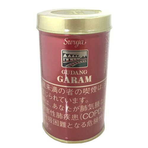 Garam Surya 36支罐装包装参考图:容器,圆柱罐体与浅金色盖缘。