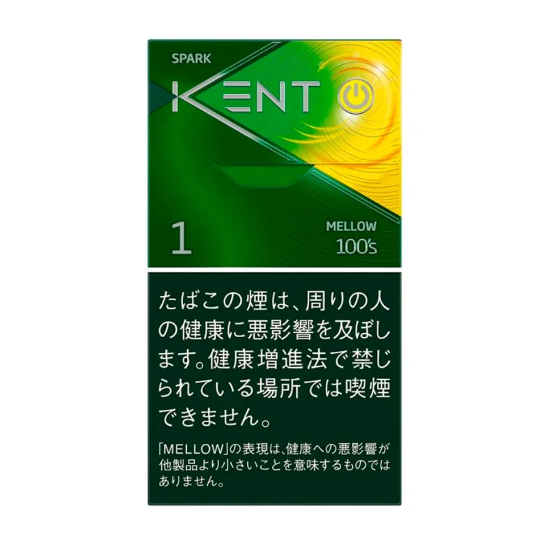 Kent S Series Spark Mellow 1 100’s包装参考图：绿色与黄色几何分区。