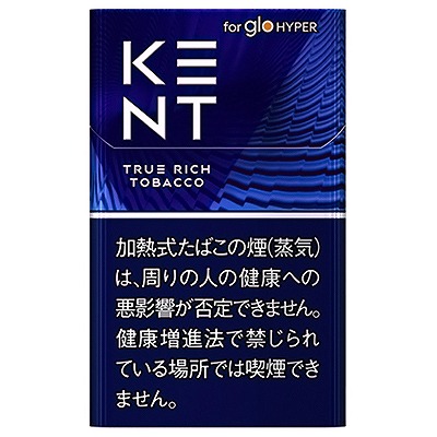 Kent True Rich Tobacco for glo HYPER参考包装:深蓝竖盒上KENT分两行排为KE和NT,下方可读TRUE RICH TOBACCO及层叠线纹