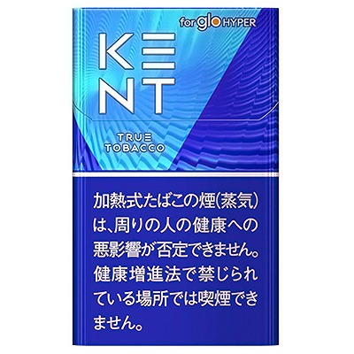 Kent True Tobacco for glo HYPER参考包装:浅蓝与深蓝斜向分区,KENT字标分两行,下方TRUE TOBACCO可读