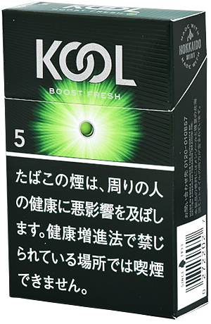 KOOL Boost Fresh 5 BOX参考包装：黑绿色盒面上放射图案围绕绿色区域，BOOST FRESH与5可见
