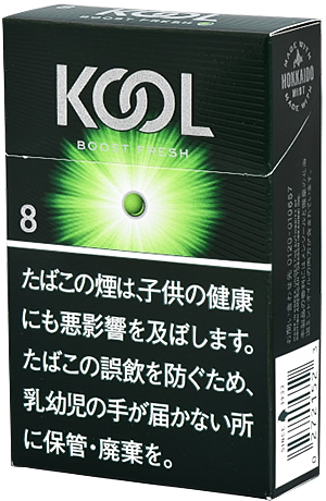 KOOL Boost Fresh 8 BOX参考包装：黑绿色放射图案与KOOL字母相接，BOOST FRESH旁为8