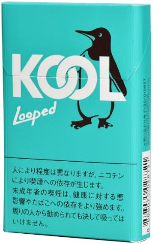 KOOL Looped参考包装：蓝绿色盒面上白色企鹅占较大面积，LOOPED文字可见