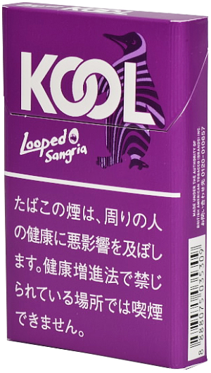 KOOL Looped Sangria参考包装：紫色盒面有放大的白色企鹅及LOOPED、SANGRIA文字