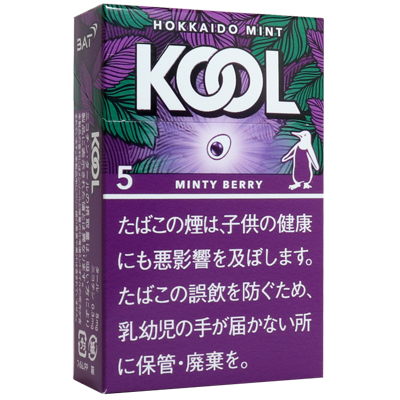 KOOL Minty Series Minty Berry 5参考包装：紫色叶形纹样围绕白色企鹅，MINTY BERRY与5位于正面