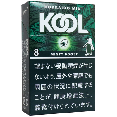 KOOL Minty Series Minty Boost 8参考包装：绿色叶形图案围绕白色企鹅，MINTY BOOST与8可辨