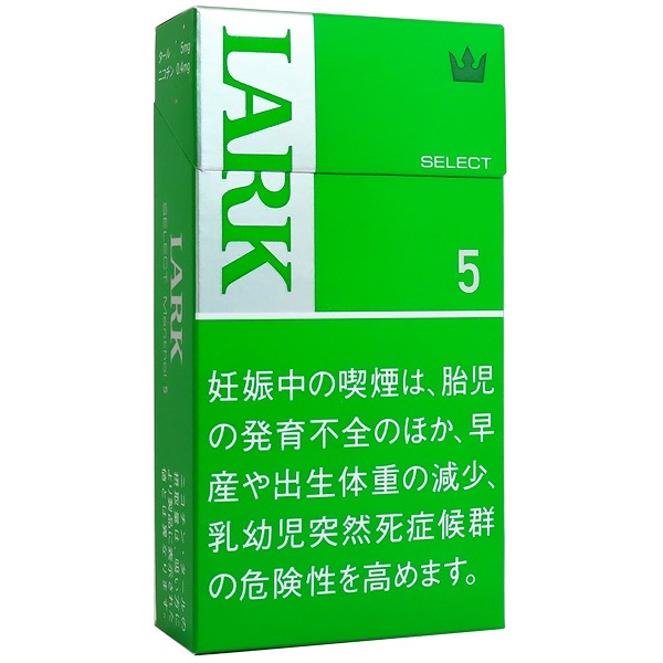 Lark Select Menthol 5 100 BOX参考包装：绿色盒面上白色LARK竖排，SELECT与5及冠形标识可见