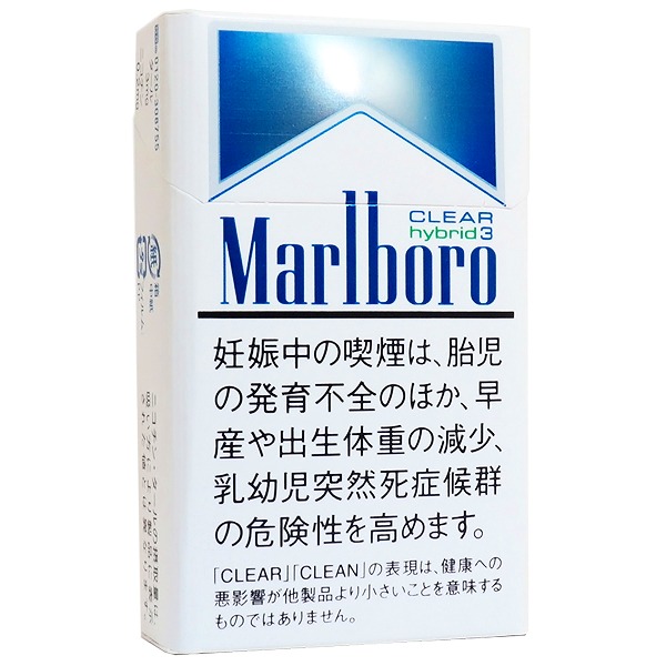 Marlboro Clear Hybrid Three BOX参考包装：白色盒面用蓝色屋顶轮廓和clear hybrid、3构成简洁版面