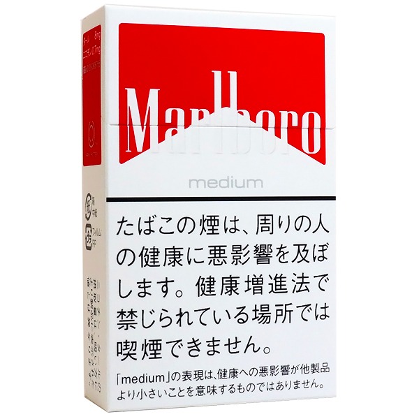 Marlboro Medium BOX参考包装：白色盒面上部为红色屋顶形块面，medium字样区别于普通红盒