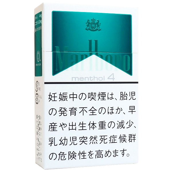 Marlboro Menthol 4 BOX参考包装：白色盒面配绿色屋顶形区域，menthol 4位于分界线附近