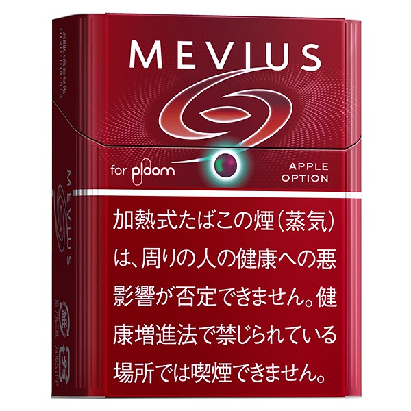 Mevius Apple Option for Ploom参考包装:红色竖盒配银白旋转标记,APPLE OPTION旁有圆点,下部红底白字警示