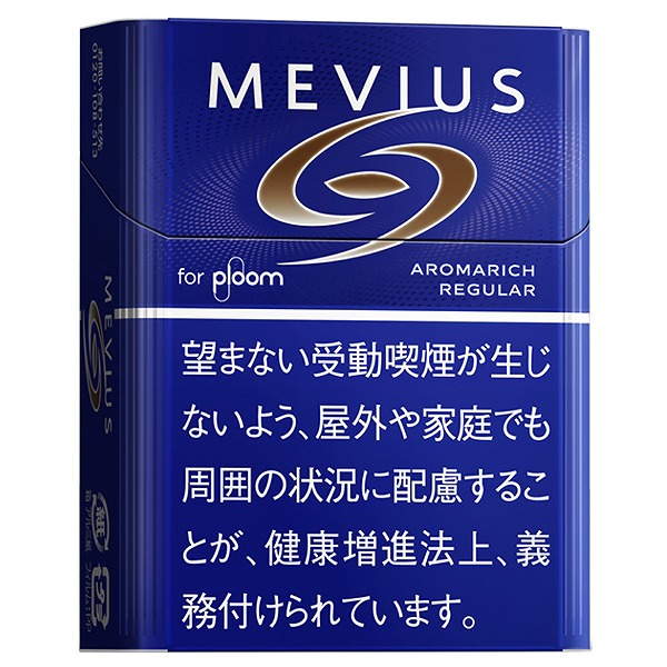 Mevius Aromarich Regular for Ploom参考包装:深蓝盒上旋转标记带棕金色,AROMARICH REGULAR位于右侧,下部白字警示