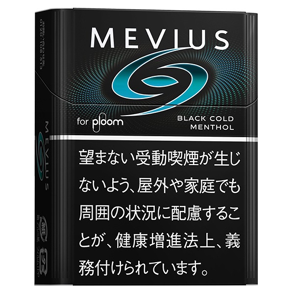 Mevius Black Cold Menthol for Ploom参考包装:黑色竖盒中央旋转标记为蓝绿色,下方BLACK COLD MENTHOL分行排列