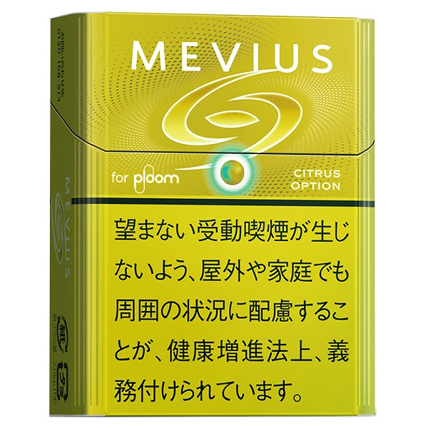 Mevius Citrus Option for Ploom参考包装:黄色竖盒的CITRUS OPTION旁有绿色圆点,下部黄色底上为黑色警示