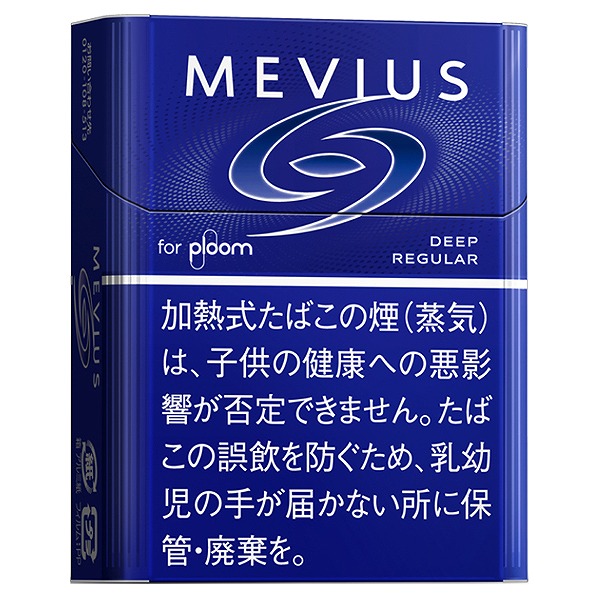 Mevius Deep Regular for Ploom参考包装:深蓝竖盒配银白旋转标记,DEEP REGULAR在右侧可读,警示区为深蓝