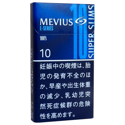 Mevius E-Series 10 100s Slim参考包装：深蓝盒面出现10与100s，SUPER SLIMS沿边缘竖向排列