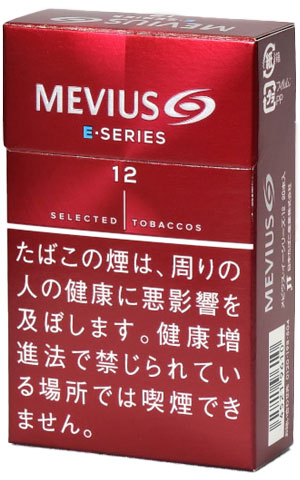 Mevius E-Series 12参考包装：红色盒面以大号12和直线分割构成版面，SELECTED TOBACCOS可见