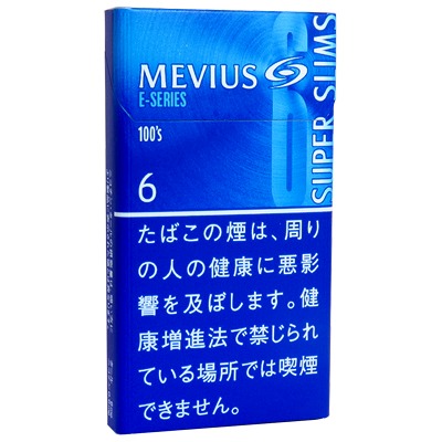 Mevius E-Series 6 100s Slim参考包装：蓝色盒面以数字6作主要区分，100s与竖排SUPER SLIMS相邻