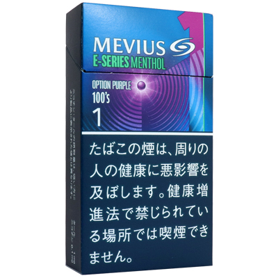 Mevius E-Series Menthol Option Purple One 100s参考包装：蓝底紫环配数字1与100s，E-SERIES字样位于品牌名下方