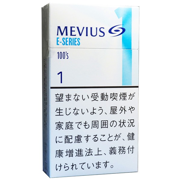 Mevius E-Series One 100s参考包装：浅色盒面配蓝灰大号1，MEVIUS、E-SERIES与100s构成文字层级