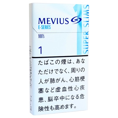 Mevius E-Series One 100s Slim参考包装：浅色盒面配蓝灰线条，数字1、100s及SUPER SLIMS可辨