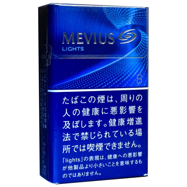 Mevius Lights BOX参考包装：蓝色翻盖盒上有LIGHTS与8，弧形图案将文字区和下部色块分开