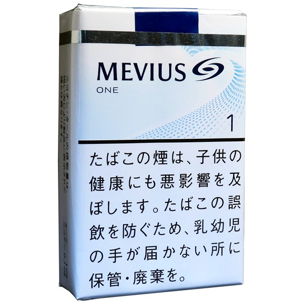 Mevius One 软包参考包装：白色包装配淡蓝弧线，ONE与1可见，顶部呈纸包封口形态