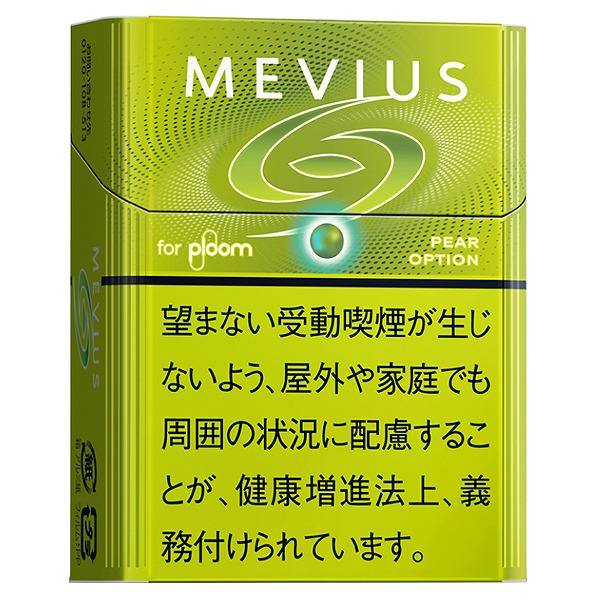 Mevius Pear Option for Ploom参考包装:黄绿色竖盒带旋转线纹,PEAR OPTION与发光圆点位于品牌标记下方