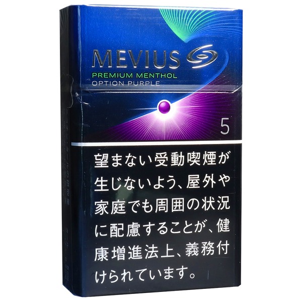 Mevius Premium Menthol Option Purple 5参考包装：深蓝背景配紫色波带，圆点邻近OPTION PURPLE与5的文字区