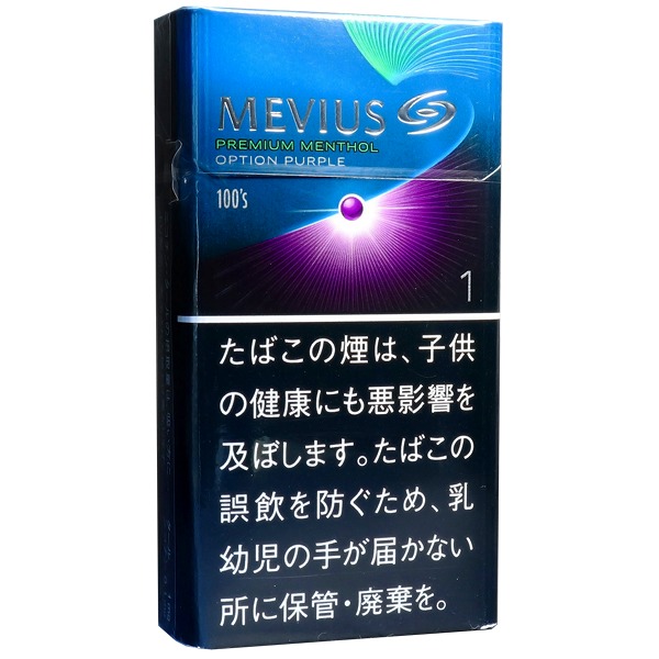 Mevius Premium Menthol Option Purple One 100s参考包装：蓝紫色波带围绕圆点，PREMIUM MENTHOL、OPTION PURPLE与1、100s同时出现