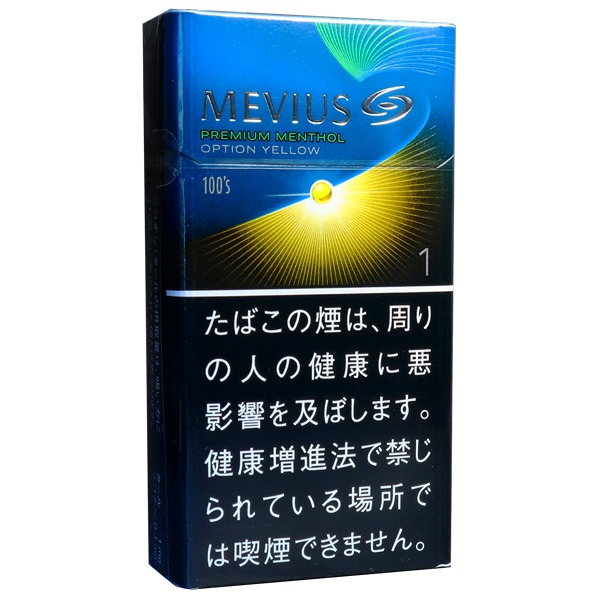 Mevius Premium Menthol Option Yellow One 100s参考包装：蓝色盒面上黄色波带与圆点相接，OPTION YELLOW、1及100s可辨