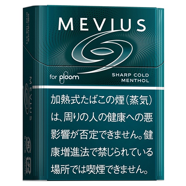 Mevius Sharp Cold Menthol for Ploom参考包装:深青竖盒中央有银白旋转线,SHARP COLD MENTHOL分行印在右侧