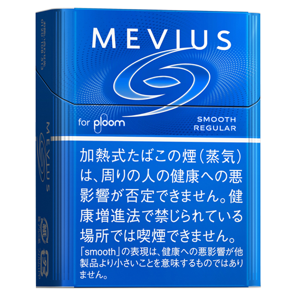 Mevius Smooth Regular for Ploom参考包装:明蓝竖盒中央为银白旋转标记,SMOOTH REGULAR可读,底部另有Smooth说明