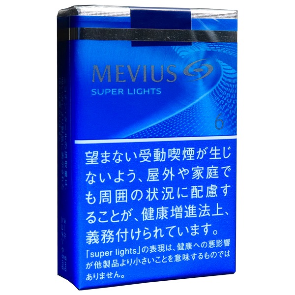 Mevius Super Lights 软包参考包装：蓝色纸包正面可见SUPER LIGHTS与6，顶部为纸包封口