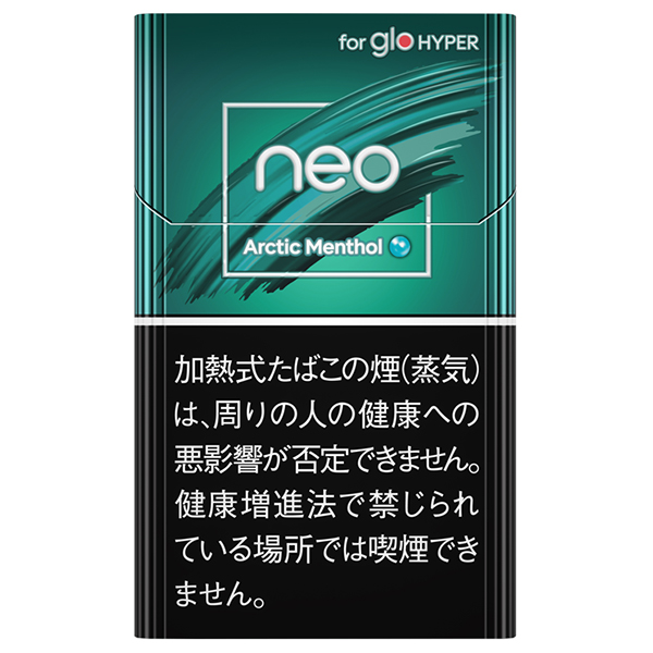 neo Arctic Menthol for glo HYPER参考包装:蓝绿色竖盒上有斜向浅色纹理,Arctic Menthol可读,下部黑底警示