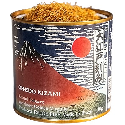 Oedo Kizami参考包装:圆罐标签把山形、红日和白色曲线组合在一起,大江戸刻み纵排,另有OH-EDO KIZAMI与TSUGE PIPE
