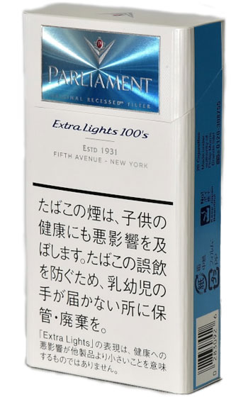 Parliament Extra Lights 100s BOX参考包装：白色盒面配浅蓝矩形框，中部写Extra Lights 100’s，右侧浅蓝
