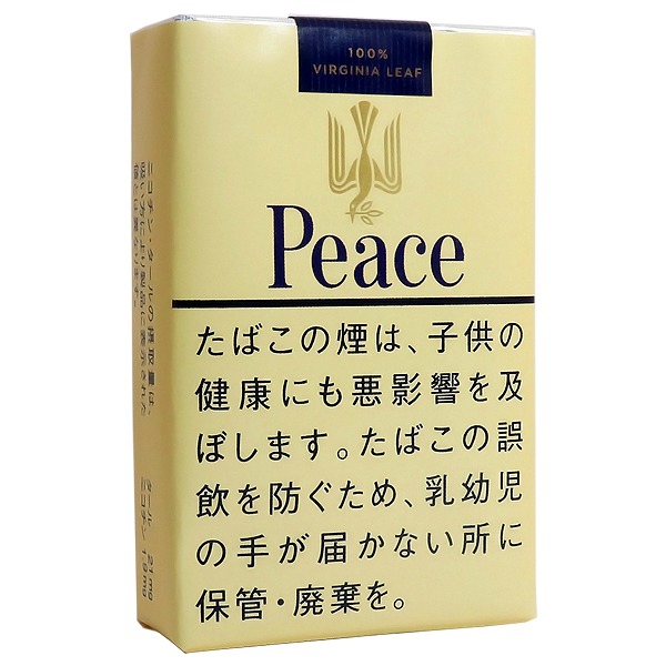 Peace 黄色包装正面，鸟形标志与日文警示文字