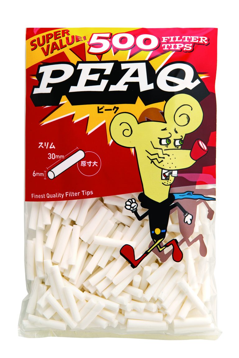 PEAQ Slim 500参考包装:黄色与红色立袋上有卡通面部、PEAQ字标、500 FILTER TIPS和透明窗口,标注6mm与30mm